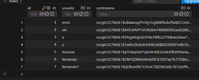 Captura de registros de usuarios con contraseñas hasheadas